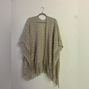 LOFT Taupe Fringe Knit Poncho